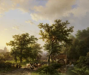 Paysage avec moulin à eau et paysans conduisant du bétail